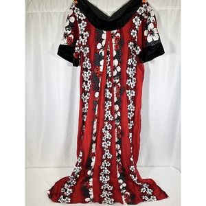 Vintage Hawaiian Womens L Dress Maxi Red White Tiki Floral Velour